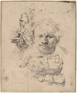 Blatt mit Studien des Kopfes des Künstlers, eines Bettlers und einer Frau mit Kind von Rembrandt van Rijn
