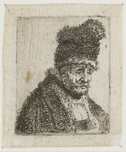 Blatt mit Studien von Männerköpfen: alter Mann im Pelzmantel und hoher Mütze von Rembrandt van Rijn