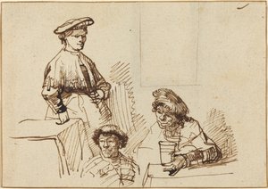 Skizzen aus einer Taverne: Stehende Frau und zwei sitzende Männer von Rembrandt van Rijn
