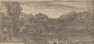 Kleine graue Landschaft: ein Haus und Bäume neben einem Teich, ca. 1640 von Rembrandt van Rijn
