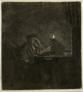 Student an einem Tisch bei Kerzenlicht von Rembrandt van Rijn