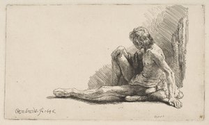 Studie vom Akt: Mann sitzt auf dem Boden, ein Bein ausgestreckt, 1646 von Rembrandt van Rijn