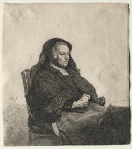 Die Mutter des Künstlers sitzt an einem Tisch und schaut nach rechts: Dreiviertellänge, ca. 1631 von Rembrandt van Rijn