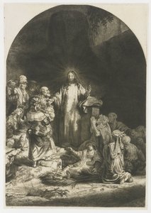 Der Hundertguldenblatt: das zentrale Stück mit Christus predigend, die Platte gewölbt von Rembrandt van Rijn
