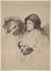 Drei Frauenköpfe, eine schläft von Rembrandt van Rijn
