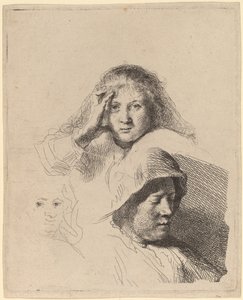 Drei Frauenköpfe, einer leicht geätzt von Rembrandt van Rijn