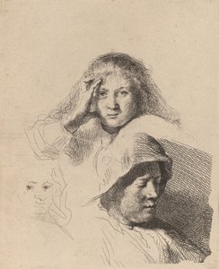 Drei Frauenköpfe, einer leicht geätzt, um 1637