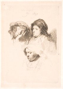 Drei Köpfe von Frauen, eine schlafend von Rembrandt van Rijn