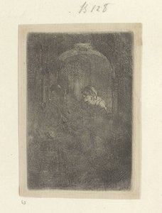 Frau in einer Türöffnung, die mit einem Mann mit Kindern spricht (Serie: Sammlung von fünfundachtzig Originaldrucken) von Rembrandt van Rijn