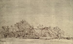 Winterlandschaft mit Hütten zwischen Bäumen, ca. 1650 von Rembrandt van Rijn