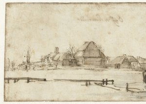 Winteransicht mit Wasserweg, Hütten und zwei Booten