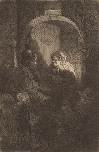 Frau an einer Türklappe spricht mit einem Mann und Kindern von Rembrandt van Rijn