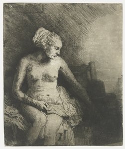 Frau beim Bad, mit einem Hut neben ihr