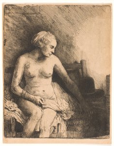 Frau beim Bad, mit einem Hut neben ihr von Rembrandt van Rijn