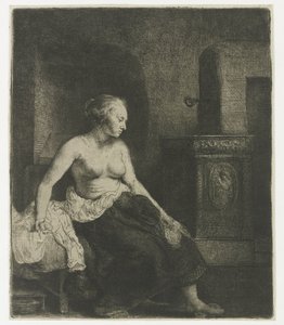 Frau sitzt halb angezogen neben einem Ofen von Rembrandt van Rijn