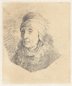 Frau mit hohem Kopfschmuck um das Kinn gewickelt: Büste von Rembrandt van Rijn