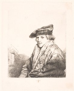 Junger Mann mit Samtkappe und Büchern neben ihm von Rembrandt van Rijn