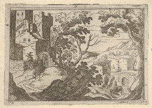 Landschaft mit Gebäuden links und einer Brücke rechts unten, ca. 1620-50 von Remigio Cantagallina