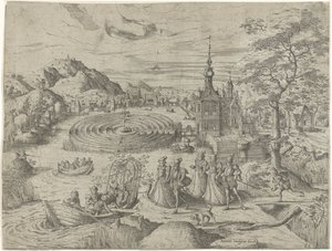 Landschaft mit Gesellschaft, die in ein Boot steigt