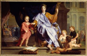 Die Eloquenz. Allegorie der Eloquenz, gekrönt, im Hintergrund König Ludwig XIV. vor seinen Höflingen
