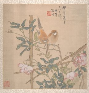 Zwei Vögel auf einem blühenden Rosenstrauch, spätes 19. Jahrhundert
