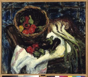 Stillleben im Gemüsekorb: Paprika, Aubergine und Lauch von Rene Auguste Seyssaud