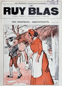 Marianne als Bäuerin, mit einem Taschentuch in der Hand, auf den Stufen ihres Hauses, beobachtet einen Mann, der sie begrüßen kommt - Zeichnung von R. Berger für das Cover von Ruy Blas, 1. Januar