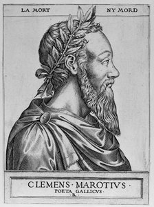 Porträt von Clement des Marets genannt Marot (1496-1544), französischer Dichter - Clement Marotius poeta gallicus Gravur von Rene Boyvin 1576 -