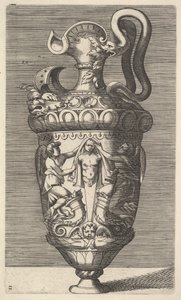 Vase mit zwei geflügelten Figuren, die einen Pfeiler drapieren, 17. Jahrhundert von Rene Boyvin