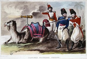 Persische Militärkostüme des 19. Jahrhunderts und ein Kamel mit einer Kanone, um 1840