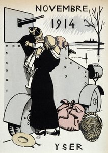 Nov. 1914: Yser, der Abmarsch der Truppen - in „Calendar of War“, Zeichnung von Herman-Paul, ed. 1916 von Rene George Hermann Paul