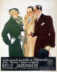Werbung für „Die größte Spezialität der Kleidung für Männer, Damen und Kinder Belle Jardinière“, Winter 1935 von Rene Vincent