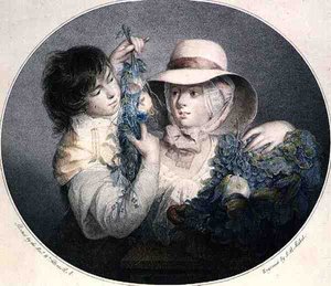 Bauern mit Obst und Blumen, graviert von J.B. Michel, veröffentlicht von John & Josiah Boydell