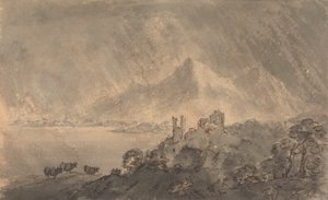 Schloss über einem See mit fernen Bergen unter stürmischem Himmel von Rev. William Gilpin
