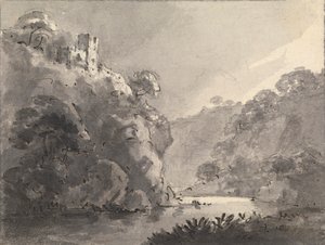 Landschaft mit Burg auf einem Hügel links
