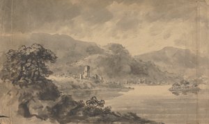 Landschaft mit Fluss, Schloss und Bergen