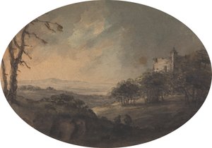 Landschaft mit zwei Männern auf einem Hügel und einer Burg in der Ferne von Rev. William Gilpin