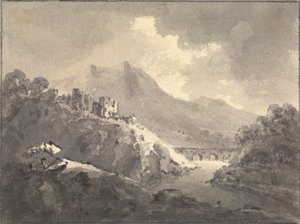 Landschaft mit einem Schloss und einer Brücke