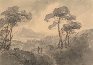 Berglandschaft mit zwei Figuren auf einer kurvigen Straße von Rev. William Gilpin