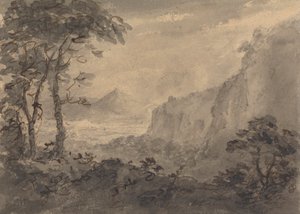 Gebirgslandschaft mit Bäumen - Hohe Felsen rechts