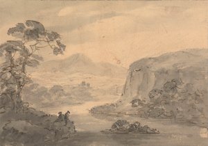 Gebirgslandschaft mit zwei Figuren, die auf einen See blicken