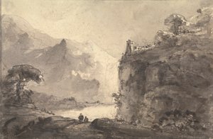 Felsige Landschaft mit zwei Figuren auf einem Pfad in der Mitte