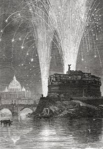 Beleuchtung von St. Peter und Feuerwerk auf der Engelsburg, Rom, Italien im späten 19. Jahrhundert. Aus Italienische Bilder von Rev. Samuel Manning, veröffentlicht um 1890. von Reverend Samuel Manning