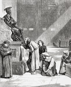 Menschen küssen die Füße der Statue des Heiligen Petrus in der Petersbasilika, Vatikanstadt, Rom im späten 19. Jahrhundert. Aus Italienische Bilder von Rev. Samuel Manning, veröffentlicht um 1890.