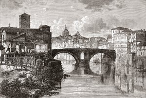 Die Pons Fabricius, oder Ponte dei Quattro Capi, und die Tiberinsel, Rom, Italien im späten 19. Jahrhundert. Aus Italienische Bilder von Rev. Samuel Manning, veröffentlicht um 1890. von Reverend Samuel Manning