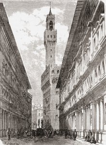 Die Uffizien, der Palazzo Vecchio und Statuen auf der Piazza della Signoria, Florenz, Italien im späten 19. Jahrhundert. Aus 
