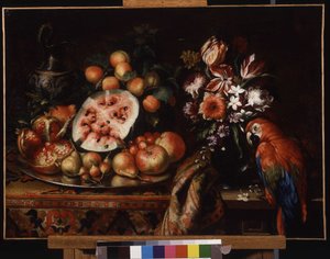 Stillleben mit rotem Papagei und Früchten von Reynaud Levieux