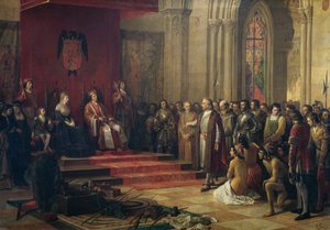 Christoph Kolumbus wird von den katholischen Königen in Barcelona bei seiner Rückkehr von seiner ersten Reise nach Amerika empfangen, Gemälde von 1874 von Ricardo Balaca