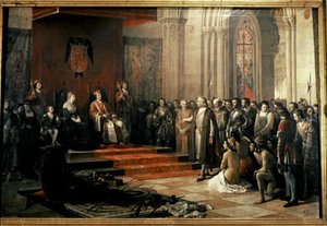 Kolumbus mit den katholischen Königen (Isabella und Fernando) von... von Ricardo Balaca y Canseco