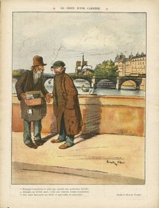 Illustration von Ricardo Flores (1878-1918) in Le Rire, 06.03.09 - Die Wahl einer Karriere - Paris, Architektur Urbanismus, Elend, Brücke, Fluss, Kirchen Kathedralen, Seine (Fluss)